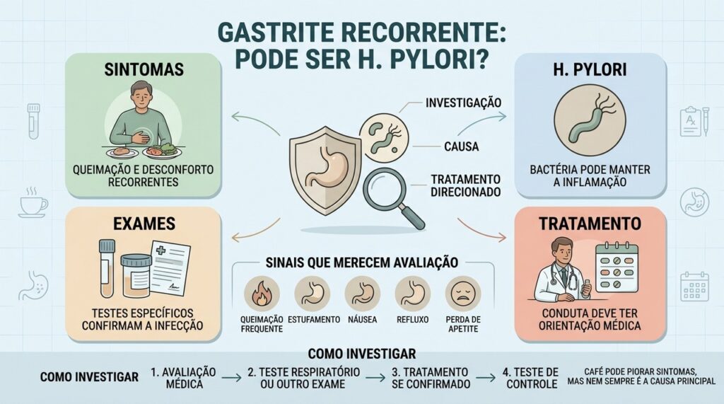 Sintomas, H. pylori, exames e tratamento ajudam a investigar gastrite recorrente.