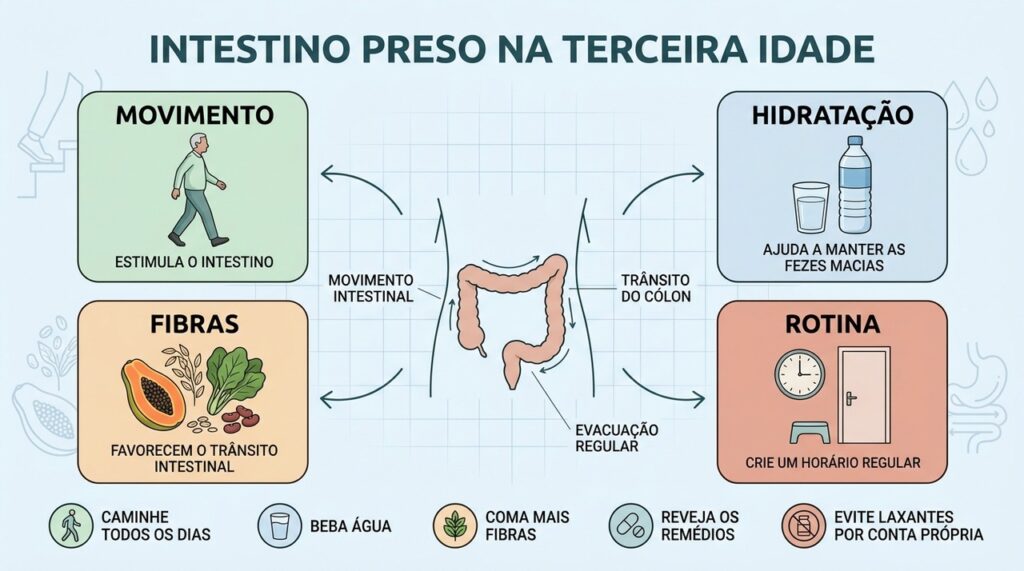 Movimento, hidratação, fibras e rotina ajudam a melhorar o trânsito intestinal na terceira idade.