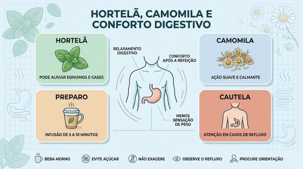 Hortelã, camomila, preparo correto e cautela ajudam no conforto digestivo.