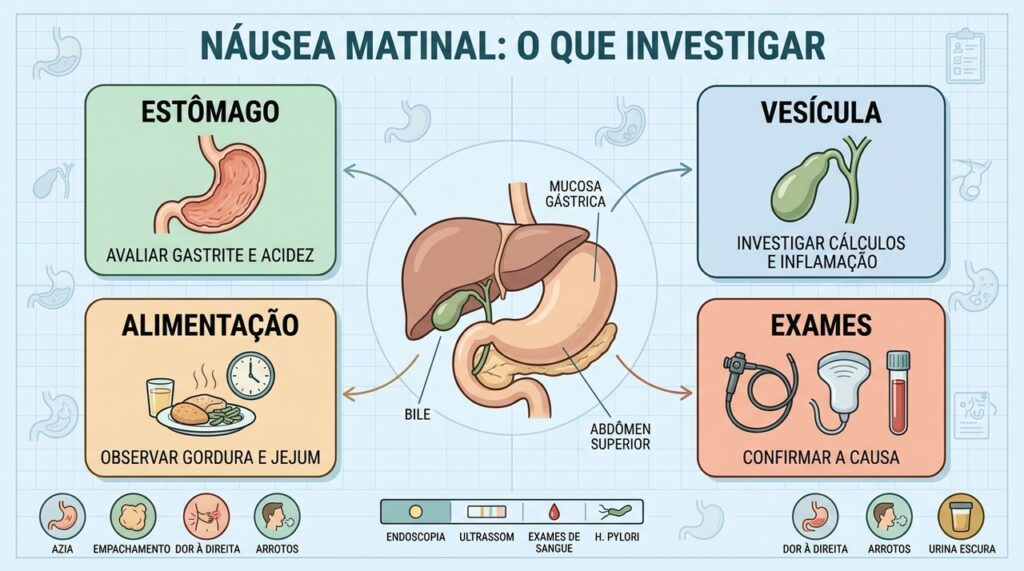 Estômago, vesícula, alimentação e exames ajudam a investigar a náusea matinal persistente.