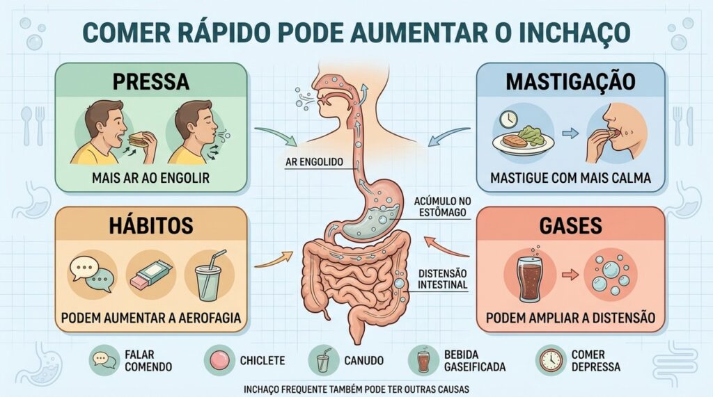 Pressa, pouca mastigação, aerofagia e gases ajudam a explicar a barriga estufada.
