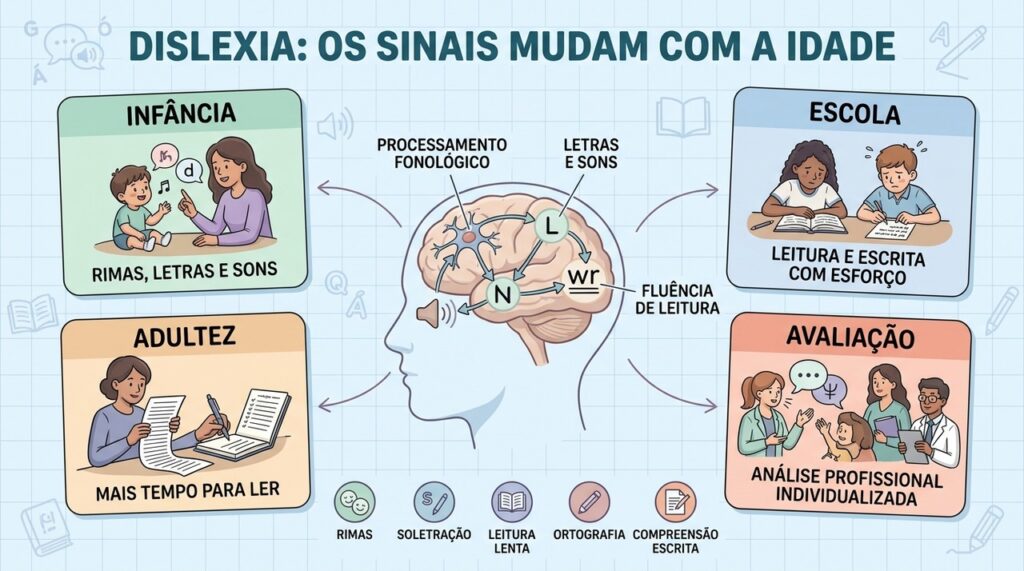Os sinais da dislexia mudam da infância à vida adulta.