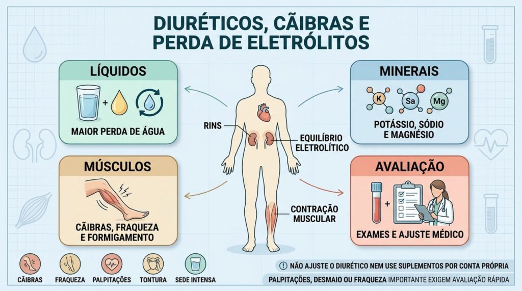 Líquidos, minerais, músculos e exames explicam as cãibras associadas aos diuréticos.