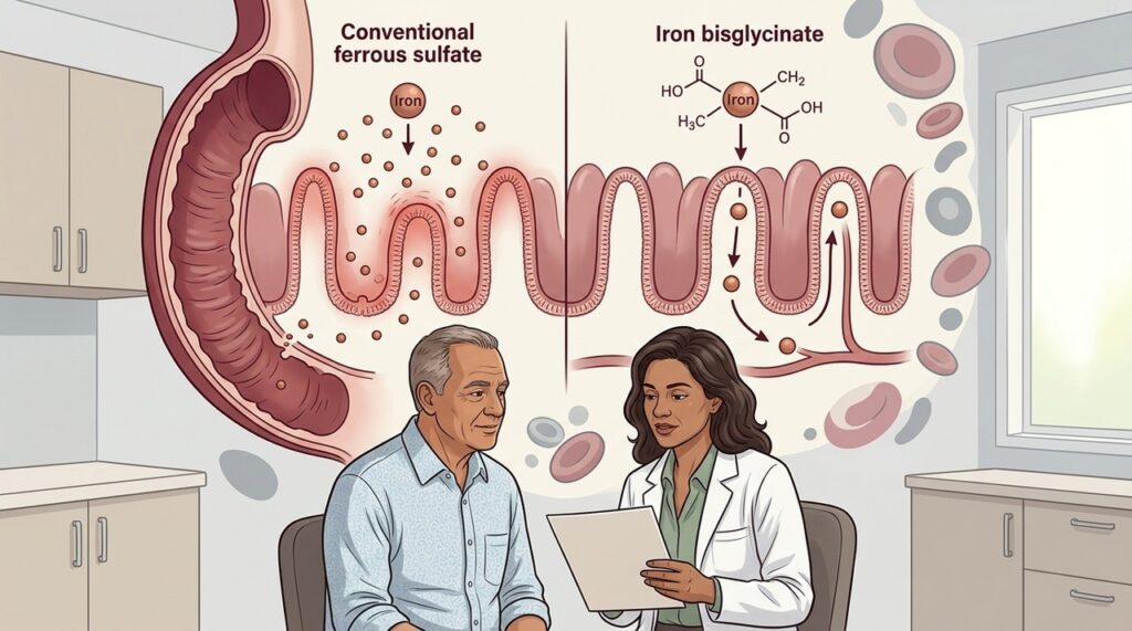 A forma quelada tende a liberar menos ferro irritante no intestino.
