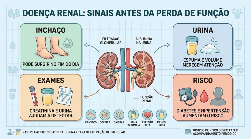 Inchaço, alterações urinárias, exames e fatores de risco orientam o rastreamento renal.