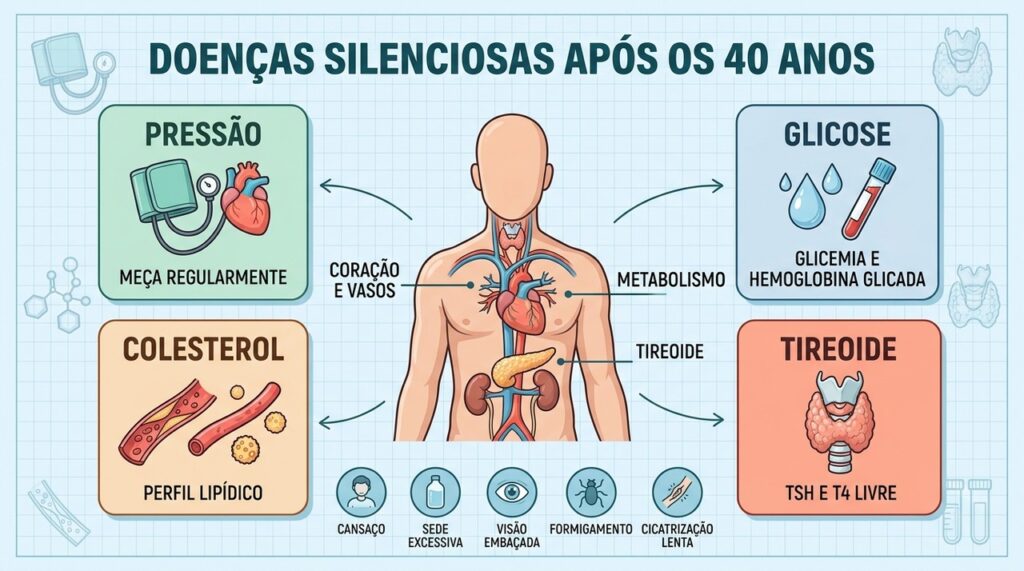 Pressão, glicemia, colesterol e tireoide merecem acompanhamento para detectar alterações silenciosas precocemente.