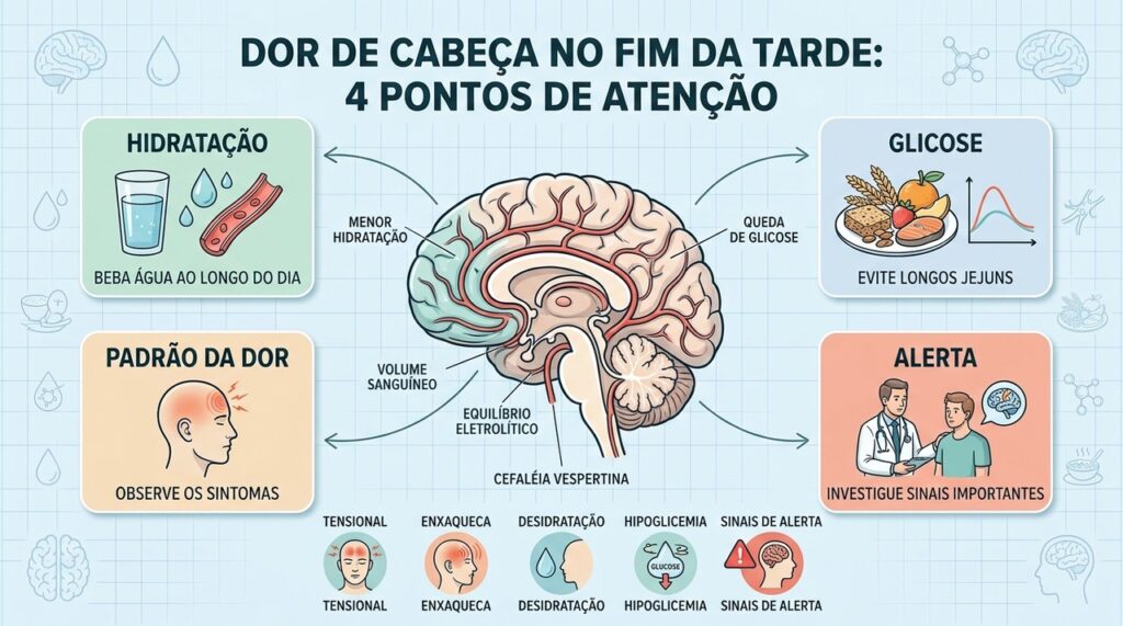 Hidratação, glicose, padrão da dor e sinais de alerta orientam a prevenção.