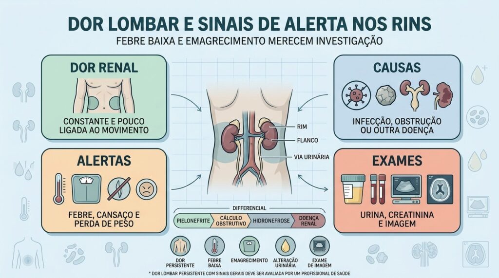Dor renal, causas possíveis, sinais de alerta e exames orientam a investigação.
