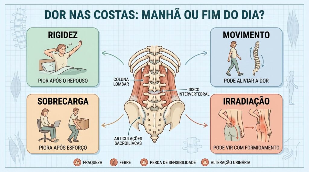 Rigidez, movimento, sobrecarga e irradiação ajudam a diferenciar padrões de dor nas costas.