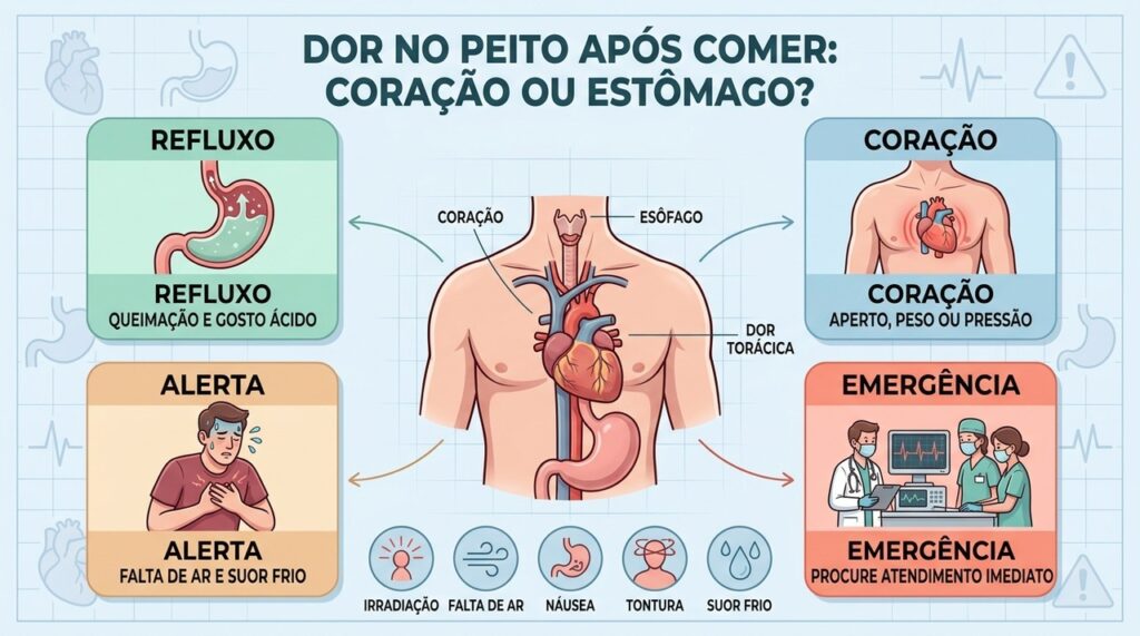 Refluxo e dor cardíaca podem se parecer, mas sinais de alerta mudam a conduta.