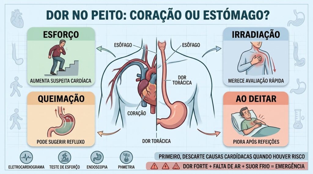 Esforço, irradiação, queimação e posição ajudam a diferenciar causas da dor torácica.