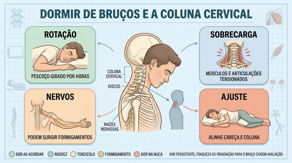 Rotação prolongada, sobrecarga e irritação nervosa explicam o desconforto cervical ao dormir de bruços.