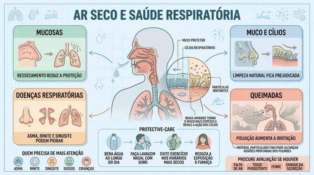 Ar seco prejudica muco e cílios, enquanto partículas agravam a irritação respiratória.