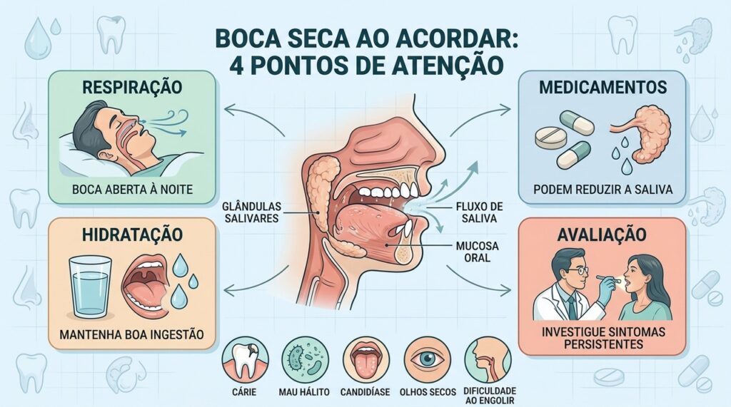 Respiração, medicamentos, hidratação e avaliação ajudam a entender a xerostomia matinal.
