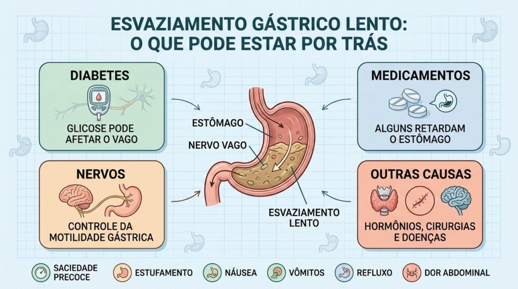 Diabetes, medicamentos e alterações nervosas podem retardar o esvaziamento do estômago.