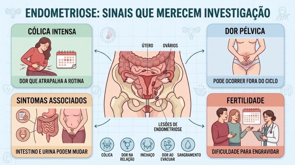 Cólicas, dor pélvica, sintomas associados e infertilidade podem indicar endometriose.