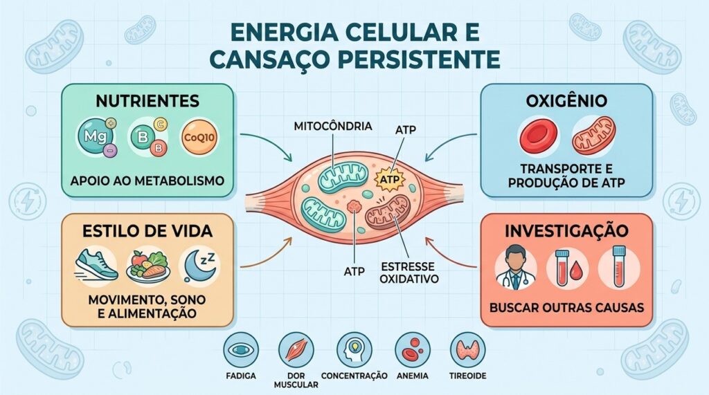 Nutrientes, oxigênio, hábitos e investigação ajudam a compreender a energia celular e a fadiga.