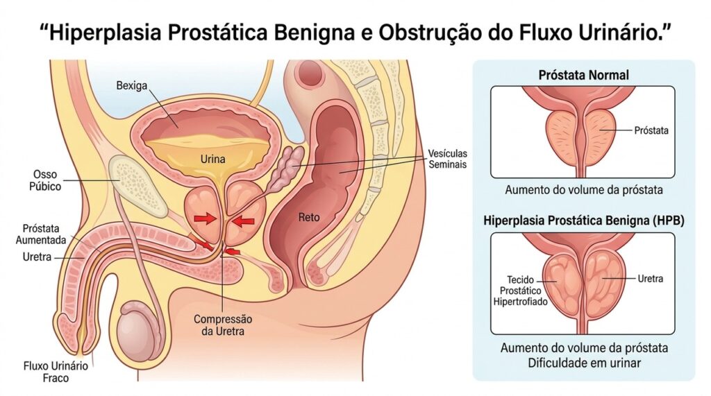 O aumento da próstata pode comprimir a uretra e deixar o jato urinário mais fraco ou interrompido.