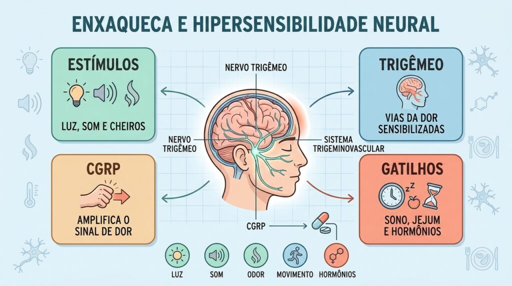 Trigêmeo, CGRP e estímulos sensoriais ajudam a explicar a dor e a hipersensibilidade da enxaqueca.