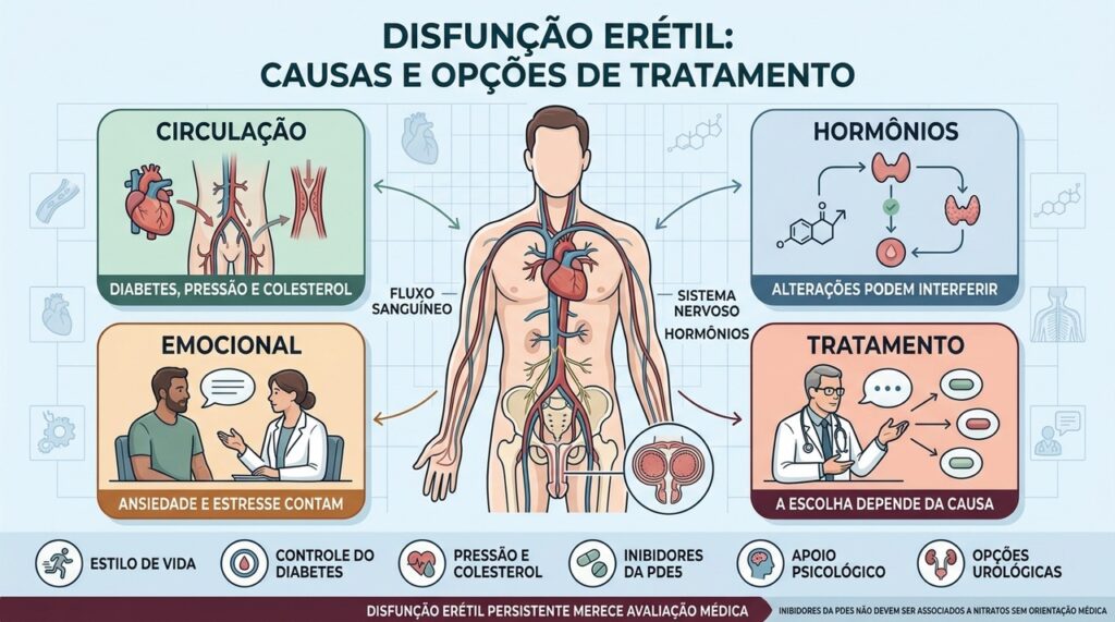 Circulação, hormônios, emoções e doenças associadas orientam o tratamento da disfunção erétil.