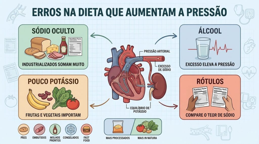Reduzir sódio, limitar álcool e aumentar potássio favorecem o controle da pressão.