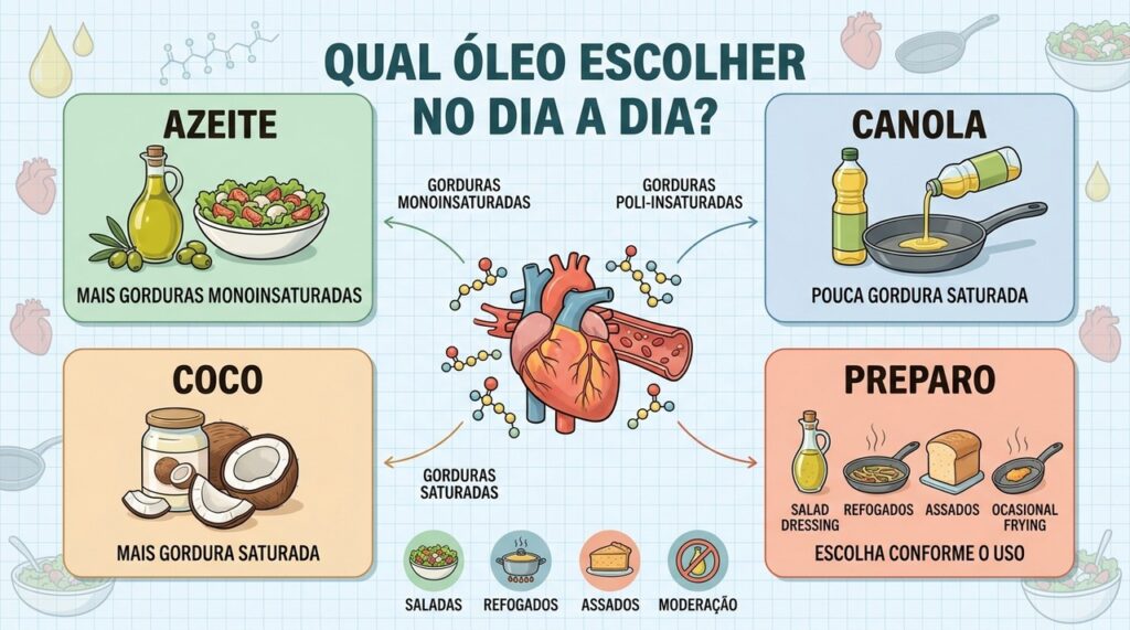 Azeite extravirgem, canola ou óleo de coco? Entenda como cada gordura afeta o colesterol e o coração e qual opção se destaca para o consumo regular.