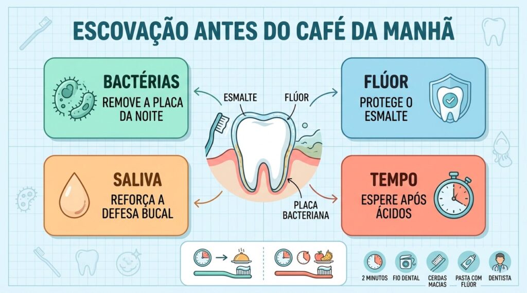 Flúor, saliva e higiene matinal reforçam a proteção dos dentes antes da primeira refeição.