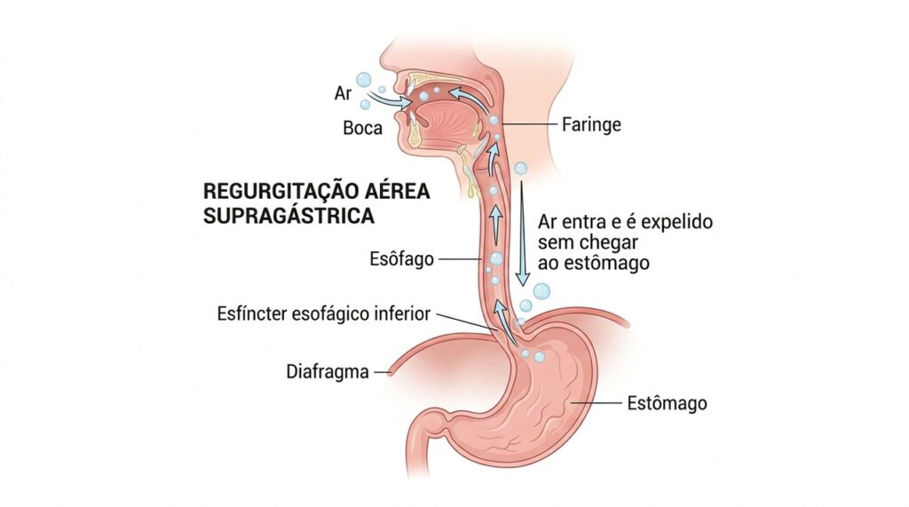 No arroto supragástrico, o ar entra no esôfago e retorna rapidamente pela boca sem alcançar o estômago.