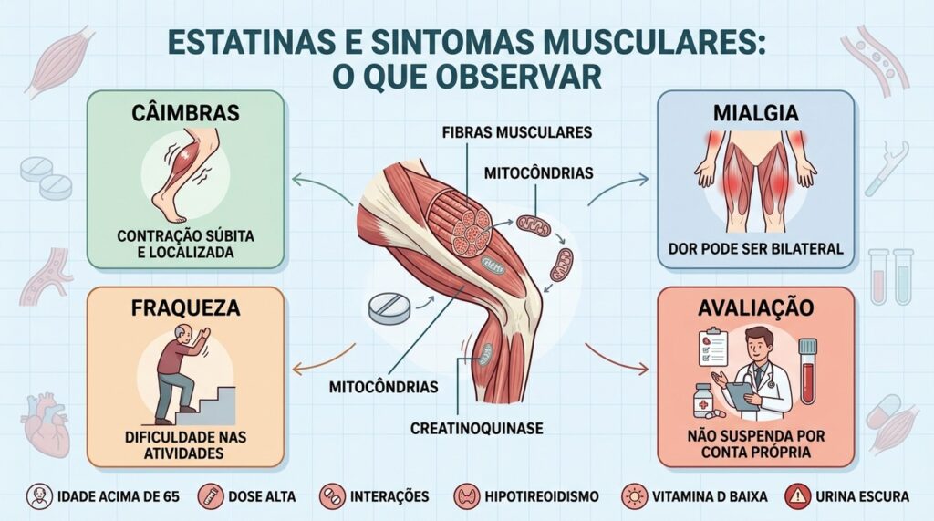Câimbras, mialgia, fraqueza e sinais de alerta orientam a avaliação de estatinas.