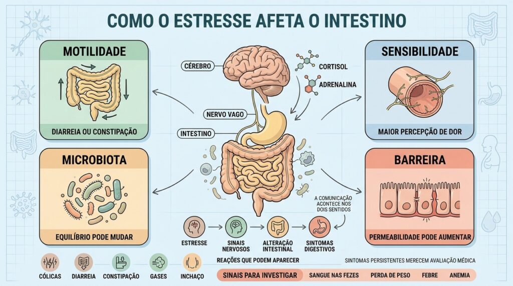 Estresse altera motilidade, sensibilidade, microbiota e barreira intestinal pelo eixo intestino-cérebro.