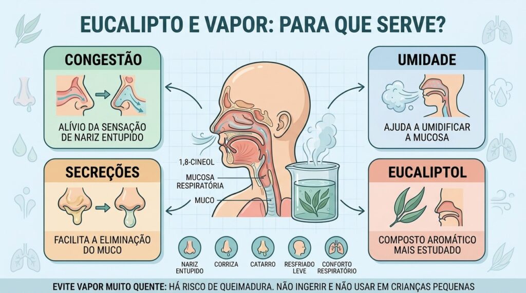 Congestão, umidade, secreções e eucaliptol resumem os principais efeitos respiratórios associados ao preparo.