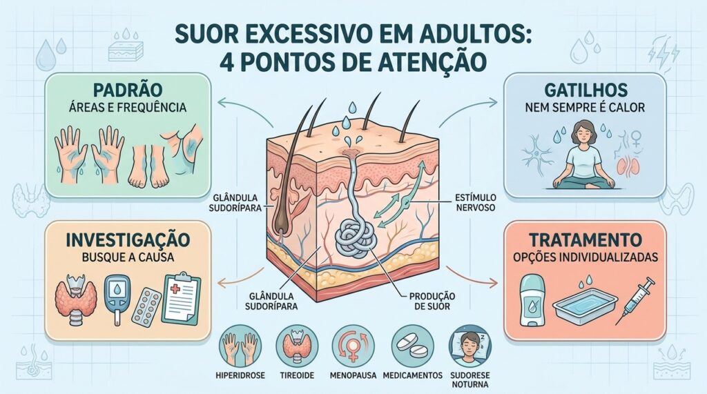 Padrão do suor, gatilhos, investigação e tratamento ajudam a identificar a causa.
