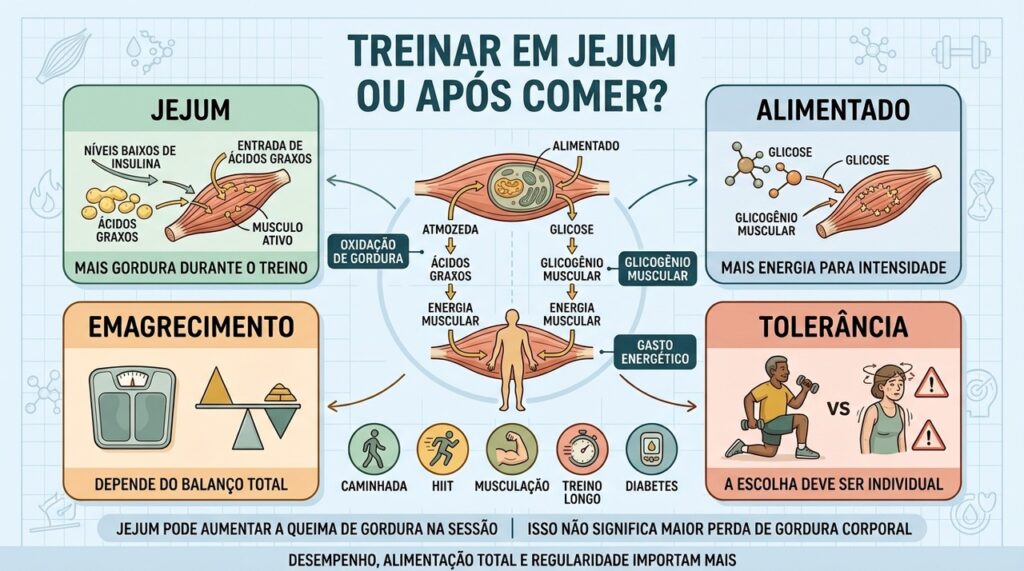 Jejum, energia disponível, desempenho e balanço calórico influenciam resultados de formas diferentes.