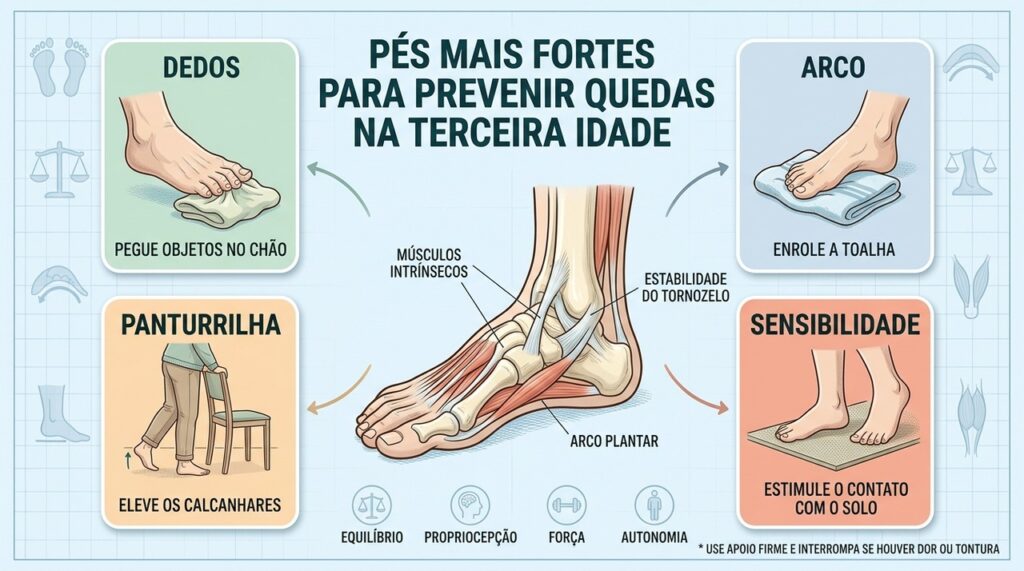 Dedos, arco plantar, panturrilhas e propriocepção formam a base para passos mais seguros.