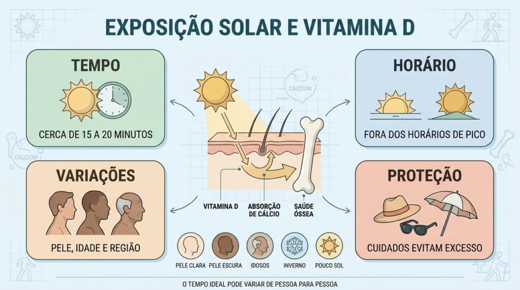 Tempo, horário, proteção e características individuais modulam a produção de vitamina D.