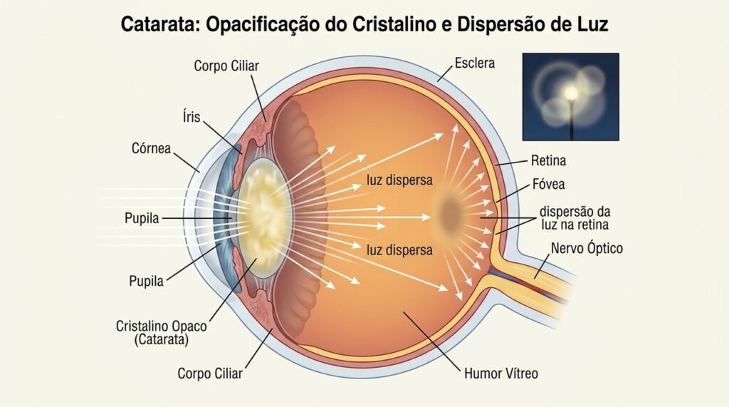 Na catarata, o cristalino perde transparência e pode espalhar a luz, aumentando halos e ofuscamento.
