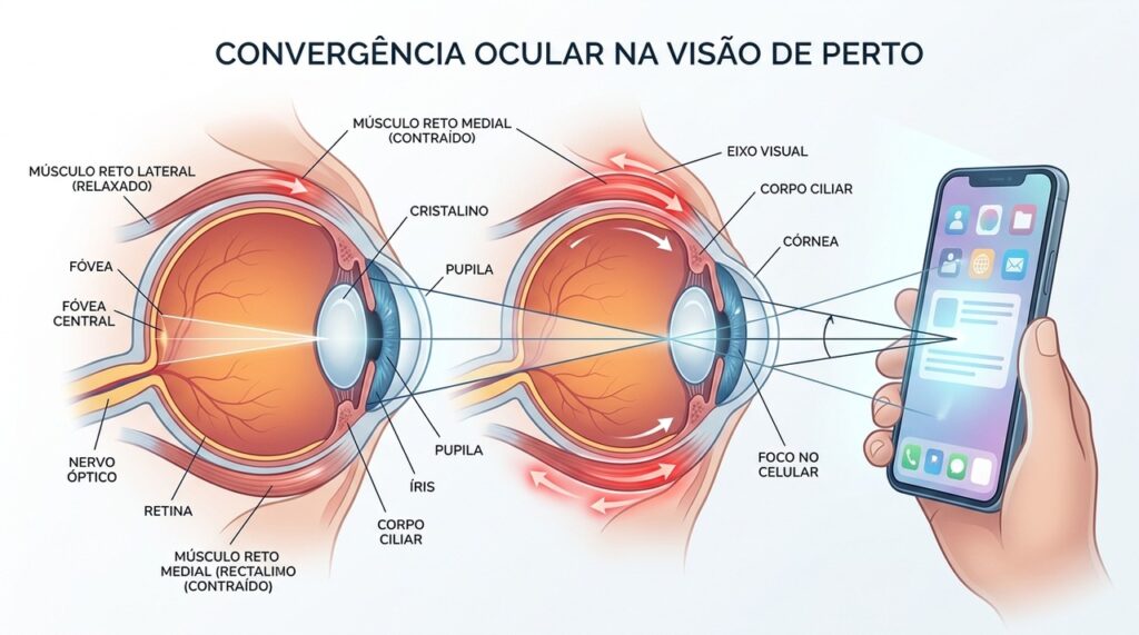 Na insuficiência de convergência, os olhos têm dificuldade para trabalhar juntos durante atividades de perto.