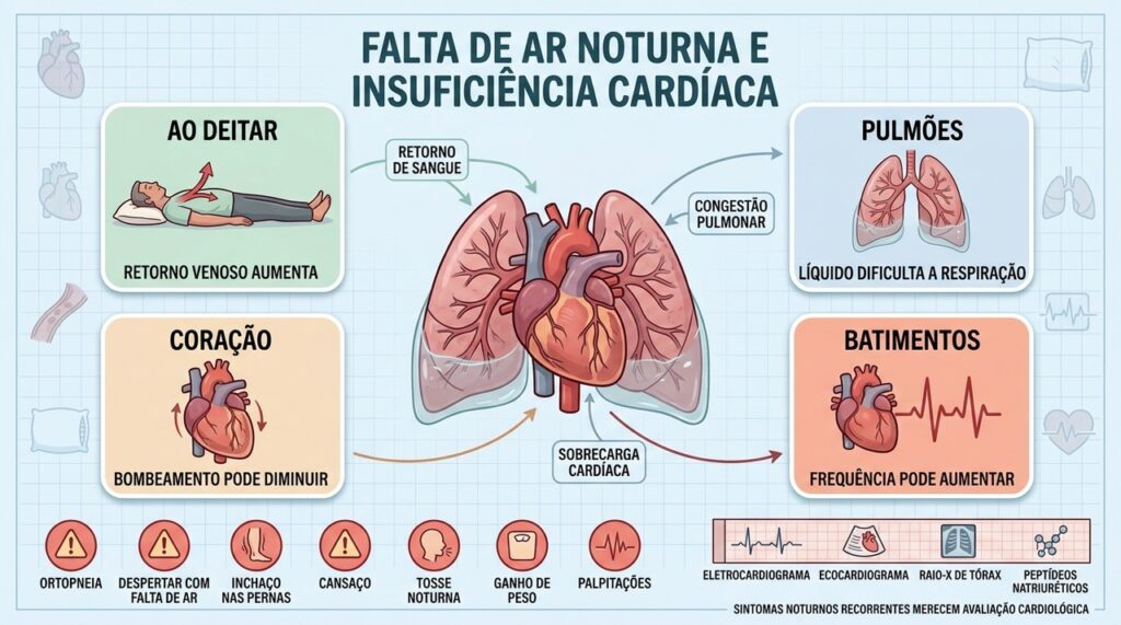 Retorno venoso, congestão pulmonar, bombeamento reduzido e palpitações explicam os sintomas noturnos.