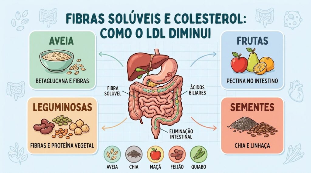 Fibras solúveis ajudam a reduzir o LDL ao favorecer a eliminação intestinal de colesterol.