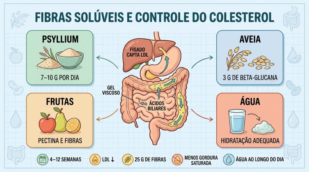Quatro pilares: psyllium, aveia, frutas e hidratação favorecem o controle do colesterol.