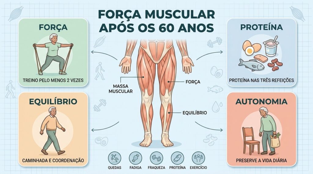 Força, proteína, equilíbrio e movimento são pilares para preservar músculos após os 60 anos.