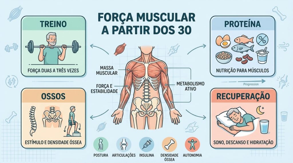 Força, proteína, estímulo ósseo e recuperação formam uma base muscular duradoura.
