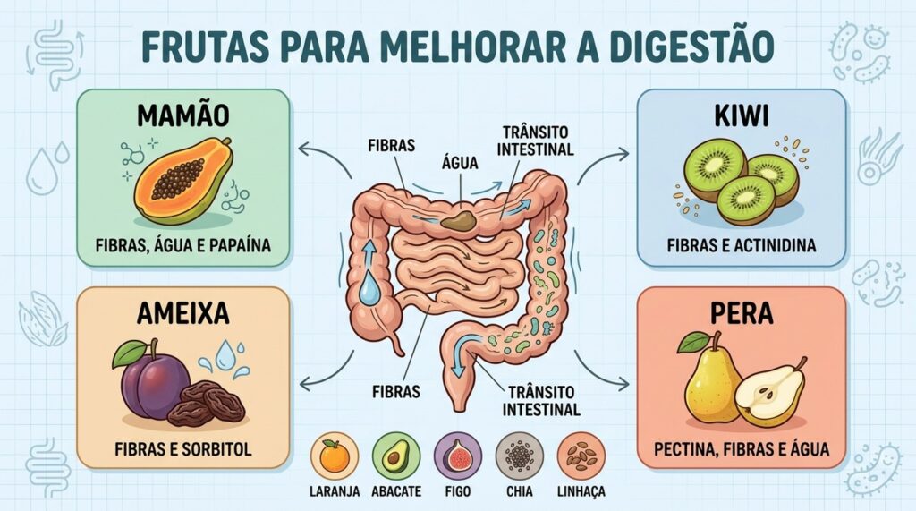 Mamão, kiwi, ameixa e pera oferecem fibras, água e compostos que favorecem o trânsito intestinal.