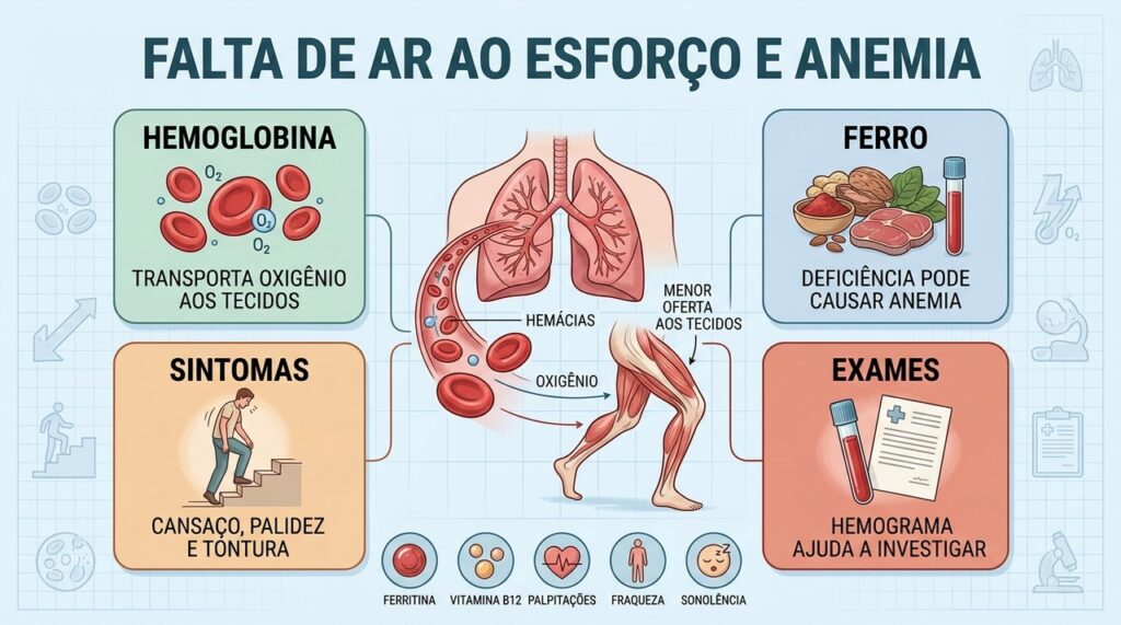 Hemoglobina baixa reduz o transporte de oxigênio e pode limitar esforços cotidianos.