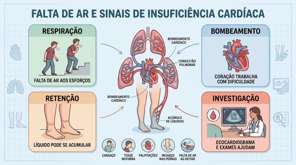 Falta de ar, inchaço, bombeamento cardíaco e exames orientam a investigação.