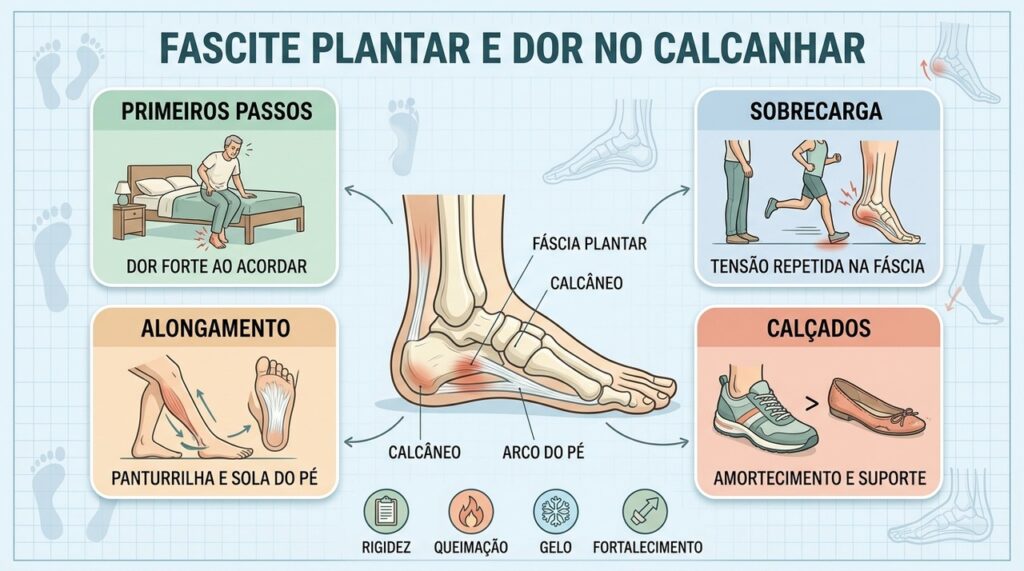 Primeiros passos dolorosos, sobrecarga, alongamento e calçados ajudam a entender a fascite plantar.