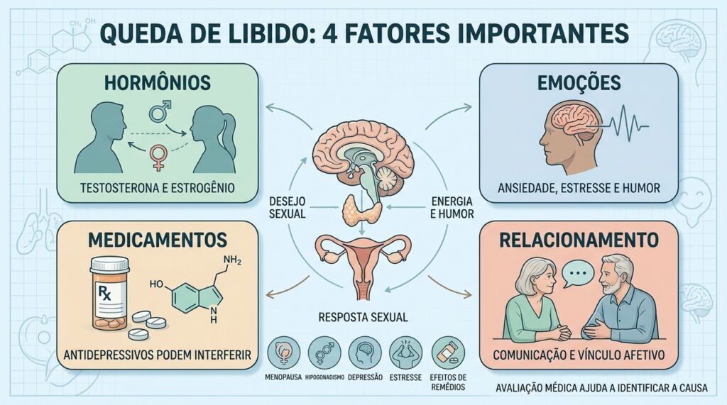 Hormônios, emoções, medicamentos e relacionamento formam os principais eixos da libido.