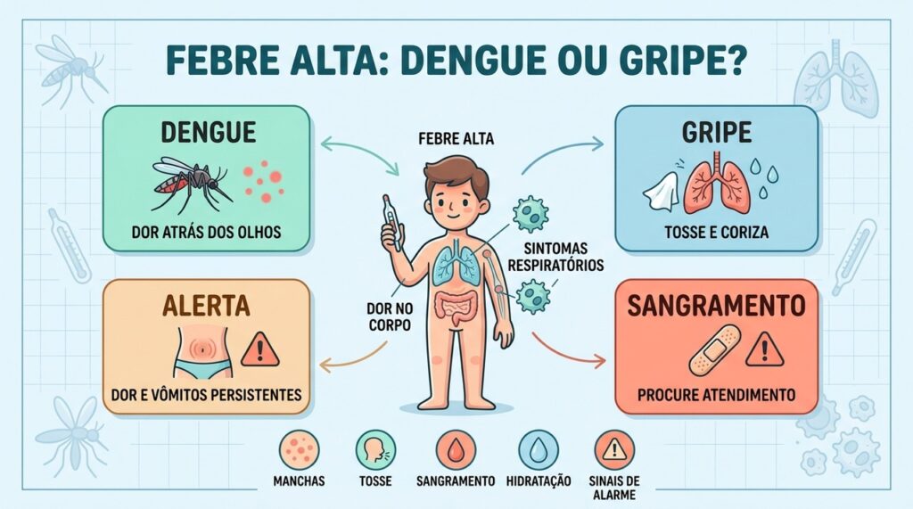 Dengue combina febre alta e dores intensas; gripe costuma destacar sintomas respiratórios.