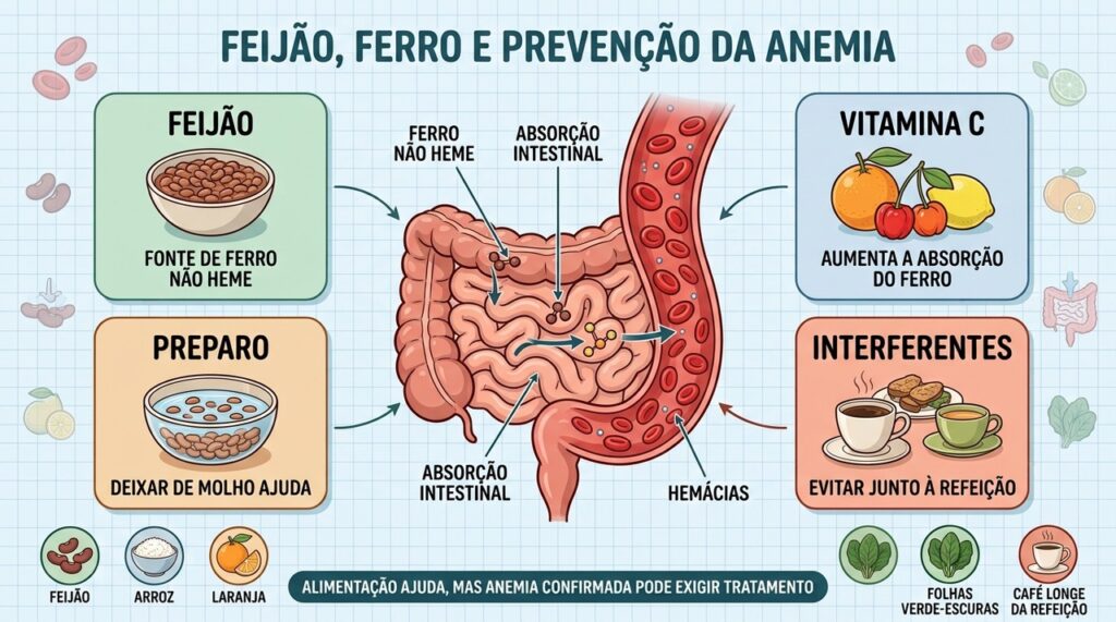 Feijão, vitamina C, preparo e horários das bebidas influenciam a absorção do ferro.