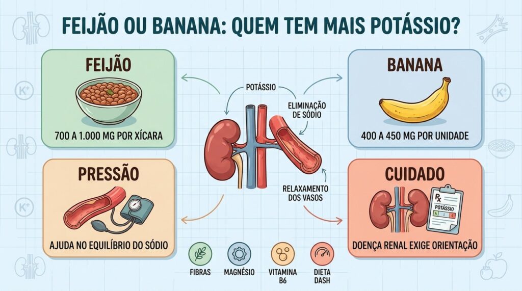 Feijão, banana, pressão e cuidados renais resumem como usar melhor o potássio.